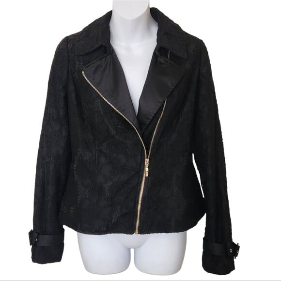 NEW YORK & COMPANY Black Lace Zipper Motorcycle Style Jacket Size S - Picture 1 of 15